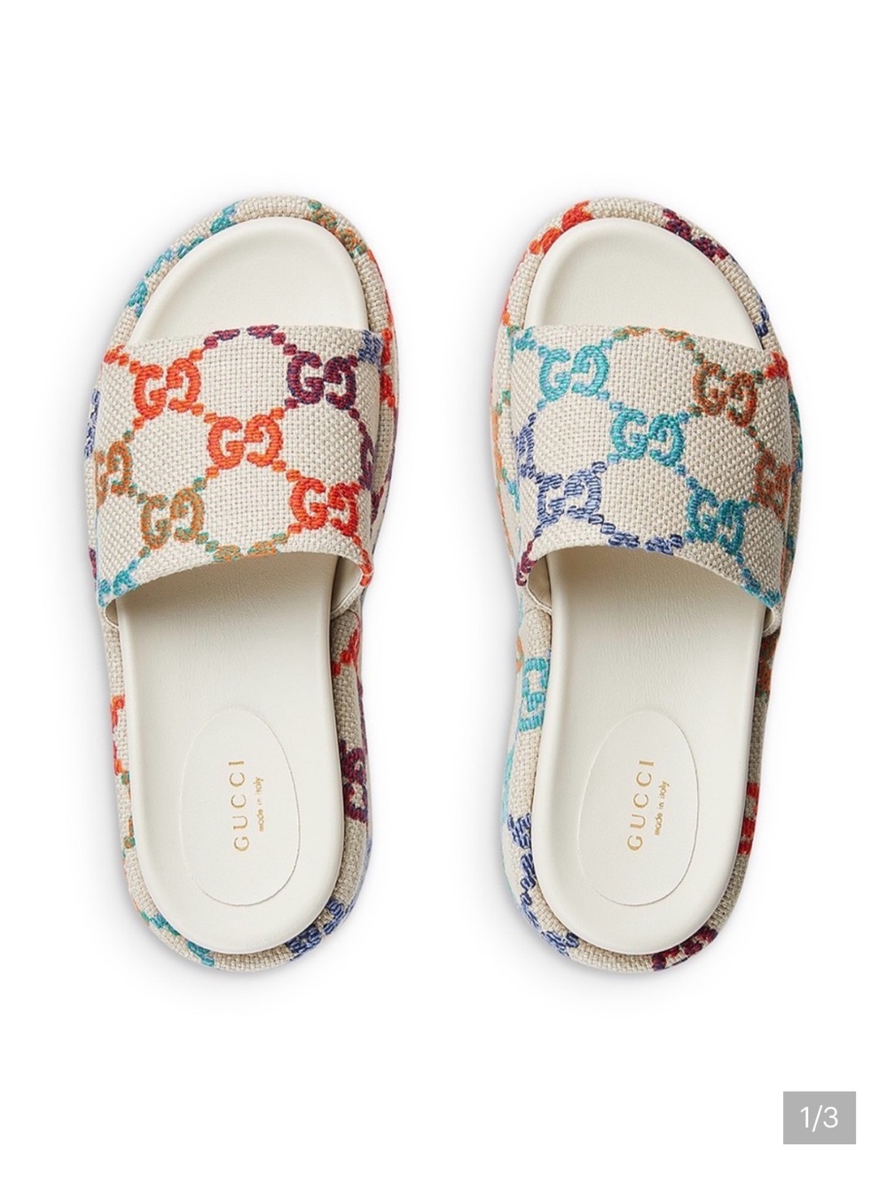 GUCCI Angelina Cream Multicolor GG Logo linen Slide Sandals Size 38